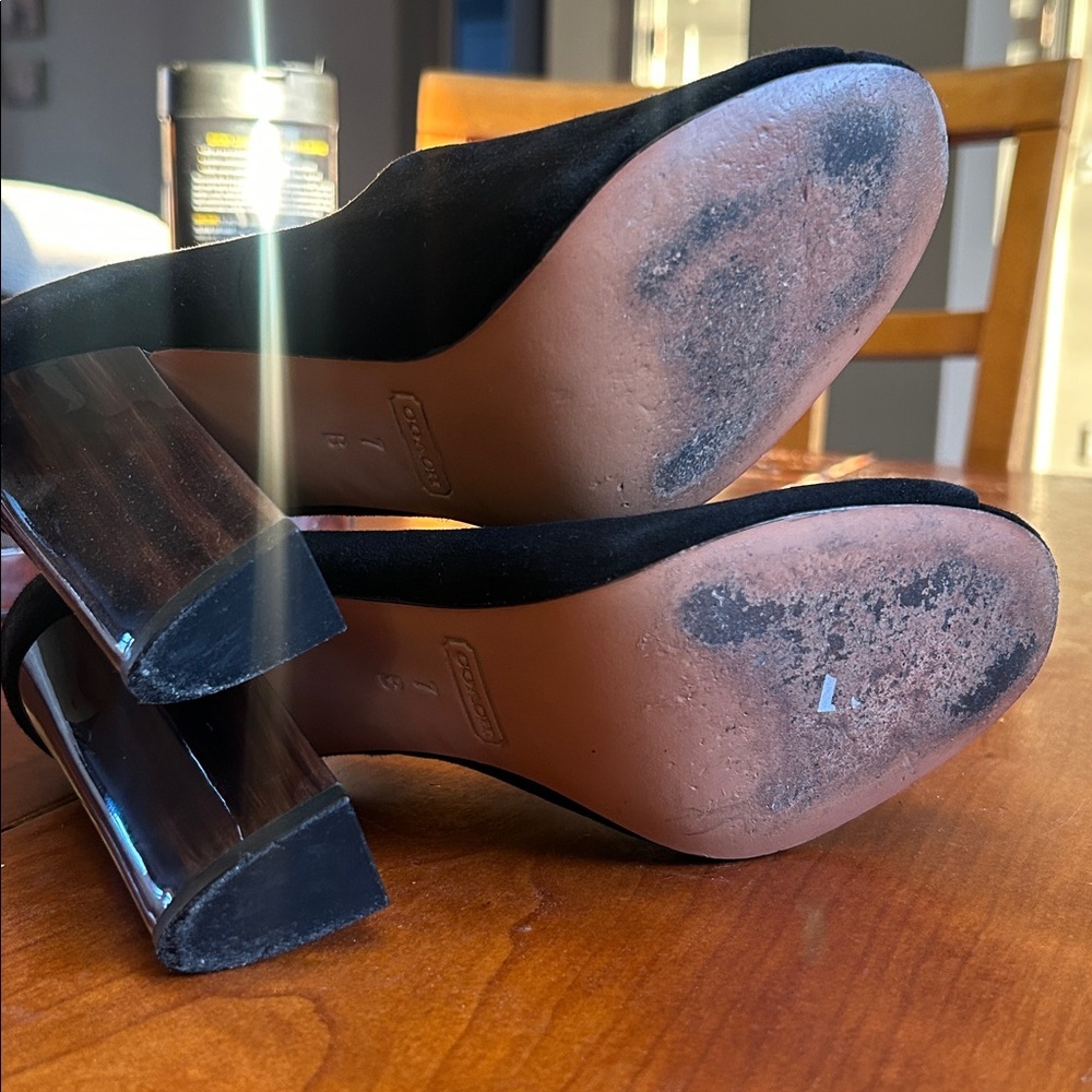 COACH Roslyn Black Peep Toe Suede Heels Size 7 - Picture 7 of 7